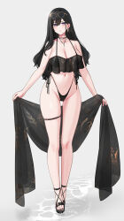 Rule 34 | 1girl, bare shoulders, bikini, black bikini, black footwear, black hair, black nails, blush, breasts, classy-black-haired girl (hayabusa), cleavage, commentary, earrings, eyewear on head, full body, grey background, hayabusa, highleg, highleg bikini, highres, jewelry, large breasts, long hair, looking at viewer, mole, mole under eye, mole under mouth, nail polish, navel, necklace, original, parted lips, purple eyes, see-through, side-tie bikini bottom, simple background, solo, standing, stomach, sunglasses, swimsuit, thigh strap, thighs, toenail polish, toenails