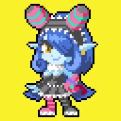 Rule 34 | animated, appmon, blue hair, chameleon, digimon, dress, long hair, looking at viewer, mienumon, one eye covered, puppet, smile, tiara, video, yellow eyes