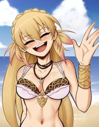 Rule 34 | 1girl, bikini, blonde hair, blush, breasts, closed eyes, fire emblem, fire emblem heroes, large breasts, long hair, lord guyis, open mouth, sharena (fire emblem), solo, swimsuit, waving