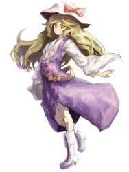 Rule 34 | 1girl, adapted costume, belt, binayu, boots, buckle, dress, female focus, full body, hat, knee boots, long sleeves, looking at viewer, purple dress, silent sinner in blue, simple background, solo, standing, sun hat, touhou, touhou bougetsushou, watatsuki no toyohime, white background, white footwear, wide sleeves