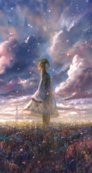 Rule 34 | 1girl, blue dress, brown hair, closed mouth, cloud, cloudy sky, commentary request, dress, fantasy, from side, highres, light particles, long dress, long sleeves, meadow, original, outdoors, overcast, sakimori (hououbds), scenery, short hair, sky, sleeves past fingers, sleeves past wrists, solo, standing, transmission tower