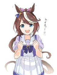Rule 34 | 1girl, animal ears, blush, bow, bowtie, brown hair, clenched hands, green eyes, highres, horse ears, horse girl, horse tail, long hair, looking at viewer, low ponytail, motion lines, multicolored hair, open mouth, purple shirt, sailor collar, school uniform, shirt, short sleeves, simple background, skirt, smile, solo, streaked hair, tail, tokai teio (umamusume), tracen school uniform, translation request, uguisu (91 u9is), umamusume, upper body, white background, white skirt