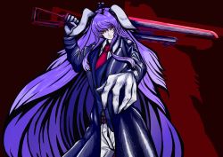 Rule 34 | 1girl, absurdres, animal ears, belt, blazer, coat, cowboy shot, dark background, gloves, hatching (texture), highres, holding, holding sword, holding weapon, huge weapon, jacket, light purple hair, long hair, looking at viewer, necktie, over shoulder, pants, purple hair, rabbit ears, reaching, reaching towards viewer, red background, red eyes, red necktie, reisen udongein inaba, serious, shirt, silhouette, simple background, solo, sword, touhou, trench coat, upper body, very long hair, weapon, weapon over shoulder, weedhollow (dokuran), white gloves, white pants, white shirt