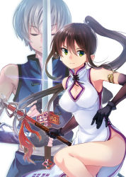 Rule 34 | 2girls, bad id, bad pixiv id, bare legs, black gloves, breasts, brown hair, china dress, chinese clothes, cleavage, cleavage cutout, closed eyes, clothing cutout, dengeki bunko, dress, elbow gloves, fingerless gloves, gauntlets, gloves, green eyes, jian (weapon), large breasts, long hair, looking at viewer, mirai denki, multiple girls, polearm, ponytail, short hair, side slit, sleeveless, sleeveless dress, smile, sword, very long hair, weapon, white dress