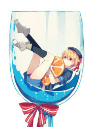 Rule 34 | 1girl, bad id, bad pixiv id, beret, blonde hair, blouse, blue shirt, blue shorts, blue socks, boots, copyright request, covered mouth, cup, drinking glass, floating, food, fruit, glass, grey footwear, hair between eyes, hair ribbon, hat, ikeuchi tanuma, in water, legs, legs up, looking at viewer, lying, mini person, minigirl, hugging object, on back, orange (fruit), orange slice, red eyes, ribbon, sailor collar, school uniform, serafuku, shirt, short hair, short sleeves, shorts, simple background, socks, solo, white background