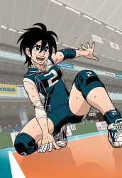 Rule 34 | 1girl, arm support, ass, black eyes, black hair, black shorts, breasts, dutch angle, elbow pads, elbow sleeve, foot out of frame, from below, groin, gym, hair between eyes, hand on floor, hand up, indoors, jersey, knee pads, medium breasts, nihonbashi yowoko, official art, on floor, ooishi neri, playing sports, shirt, shoes, short hair, shorts, shoujo fight, sleeveless, sleeveless shirt, smile, sportswear, squatting, sweat, taped fingers, teeth, thighs, tight clothes, tomboy, uniform, v-shaped eyebrows, volleyball, volleyball uniform