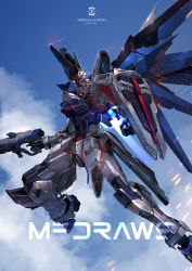 Rule 34 | absurdres, artist name, beam rifle, blue sky, brayanong999, character name, cloud, cloudy sky, commentary, commentary request, energy gun, english commentary, english text, flying, freedom gundam, gun, gundam, gundam seed, highres, holding, holding gun, holding weapon, logo, mecha, mobile suit, no humans, partial commentary, robot, science fiction, shield, sky, solo, v-fin, watermark, weapon, yellow eyes