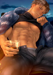 Rule 34 | 1boy, abs, bara, bare pectorals, black pants, black shirt, blush, brown hair, clothes lift, cup, drunk, grey male underwear, highres, holding, holding cup, jim (mondi hl), large pectorals, male focus, male underwear, male underwear peek, mondi hl, muscular, muscular male, navel, nipples, open pants, original, pants, pectorals, shirt, shirt lift, short hair, sitting, solo, twitter username, underwear