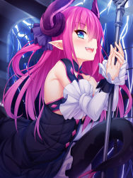 Rule 34 | 10s, 1girl, :d, absurdres, between legs, black dress, blue eyes, blush, breasts, collarbone, commentary request, curled horns, detached sleeves, dragon tail, dress, elizabeth bathory (fate), elizabeth bathory (fate/extra ccc), elizabeth bathory (first ascension) (fate), eyebrows, fang, fate/extra, fate/extra ccc, fate (series), hair between eyes, hair ribbon, highres, holding, holding polearm, holding spear, holding weapon, horns, lance, long hair, looking at viewer, open mouth, pink hair, pink lips, pointy ears, polearm, profile, purple ribbon, ribbon, sidelocks, sideways mouth, small breasts, smile, solo, spear, tail, tail between legs, teeth, two side up, upper teeth only, wakagi repa, weapon, wristband