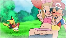 Rule 34 | 1boy, 1girl, animal ears, animated, animated gif, arm support, ash ketchum, assertive female, bare shoulders, baseball cap, black hair, bloggerman, blonde hair, blue eyes, blue shirt, blush, bouncing breasts, bow, bracelet, breasts, brown hair, clitoris, closed eyes, cosplay, couple, creatures (company), crop top, day, doggystyle, double v, erect clitoris, facing viewer, fake animal ears, fake tail, fennekin, fennekin (cosplay), fox ears, fox tail, fucked silly, furry, game freak, gen 1 pokemon, gen 6 pokemon, girl on top, grass, group sex, hair bow, happy, happy sex, hat, hetero, jaggy lines, jewelry, long hair, looking at viewer, lowres, meadow, midriff, miniskirt, monocle, navel, nintendo, no panties, orgy, outdoors, penis, pikachu, pink shirt, pink skirt, pokemon, pokemon (anime), pokemon xy, pussy, reverse cowgirl position, reverse upright straddle, serena (pokemon), sex, sex from behind, shirt, short sleeves, sitting, skirt, small breasts, smile, spread legs, straddling, sweatdrop, tail, taut clothes, taut shirt, third-party edit, tree, uncensored, upskirt, v, vaginal