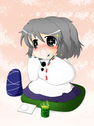 Rule 34 | 1girl, black eyes, blush, chibi, cup, cushion, female focus, food, gradient background, hand on own face, hat, unworn hat, unworn headwear, highres, japanese clothes, long sleeves, mochi, mononobe no futo, open mouth, pink background, pom pom (clothes), seiza, shimashima nezumi, short hair, silver hair, sitting, solo, sparkle, star-shaped pupils, star (symbol), symbol-shaped pupils, tate eboshi, teacup, touhou, wagashi, wide sleeves