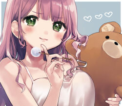 Rule 34 | 1girl, blush, breasts, camisole, green eyes, highres, holding, holding stuffed toy, kurihara sakura, long hair, looking at viewer, medium breasts, mimikaki, off shoulder, original, pink hair, simple background, smile, solo, stuffed animal, stuffed toy, teddy bear, upper body, white camisole