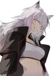 Rule 34 | 1girl, animal ears, arknights, bandeau, black jacket, breasts, commentary request, grey eyes, grey hair, grin, hair ornament, hairclip, jacket, kegani (kegani01), lappland (arknights), long hair, looking at viewer, medium breasts, midriff, open clothes, open jacket, sharp teeth, simple background, smile, solo, stomach, strapless, teeth, tube top, upper body, white background, wolf ears