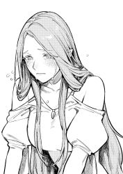 Rule 34 | 1girl, bare shoulders, blush, breasts, cleavage cutout, closed mouth, clothing cutout, collarbone, commentary request, dress, fire emblem, fire emblem: three houses, greyscale, highres, ikarin, long hair, long sleeves, looking down, monochrome, nintendo, parted bangs, pointy ears, puffy long sleeves, puffy sleeves, rhea (fire emblem), sad, sidelocks, simple background, solo, tears, upper body