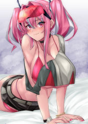 Rule 34 | 1girl, absurdres, azur lane, bare shoulders, bed sheet, bikini, bikini under clothes, blush, breasts, bremerton (azur lane), cleavage, closed mouth, collarbone, commentary request, crop top, crop top overhang, ear piercing, eyewear on head, grey hair, groin, hair between eyes, hair intakes, hair ornament, highleg, highleg bikini, highres, large breasts, lifebuoy ornament, long hair, looking at viewer, lying, midriff, mole, mole on breast, mole under eye, multicolored hair, navel, navel piercing, off shoulder, on stomach, piercing, pink bikini, pink eyes, pink hair, red-tinted eyewear, shirt, short shorts, short sleeves, shorts, sidelocks, smile, solo, streaked hair, sunglasses, swimsuit, thigh strap, tinted eyewear, twintails, two-tone hair, two-tone shirt, ura tomoya