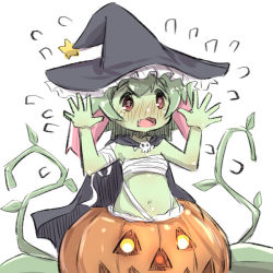 Rule 34 | 1girl, arms up, bad id, bad pixiv id, bandaged arm, bandages, bare arms, bare shoulders, black cape, black hat, blush, breasts, cape, colored skin, flying sweatdrops, glowing, glowing eyes, green skin, hair between eyes, hat, jack-o&#039;-lantern, monster girl, nose blush, original, plant girl, red eyes, sarashi, sidelocks, skull, small breasts, solo, star (symbol), u-non (annon&#039;an), witch hat