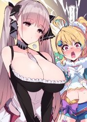 Rule 34 | 2girls, ?, absurdres, ahoge, azur lane, bare shoulders, between breasts, blonde hair, blush, breast envy, breasts, cleavage, crossover, dress, formidable (azur lane), frilled dress, frills, gothic lolita, grey hair, hair ornament, hair ribbon, highres, himiya jouzu, huge breasts, lolita fashion, long hair, looking at another, monster strike, multicolored hair, multiple girls, neckwear between breasts, nostradamus (monster strike), open mouth, planet hair ornament, red eyes, ribbon, streaked hair, sweat, twintails, two-tone dress, two-tone ribbon, very long hair