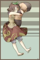 Rule 34 | 1girl, animal ears, bad id, bad pixiv id, bloomers, border, brown hair, closed eyes, futatsuiwa mamizou, glasses, highres, hug, leaf, leaf on head, nazoushi, object on head, pince-nez, raccoon ears, raccoon tail, sandals, smile, striped, striped background, tail, hugging tail, touhou, underwear