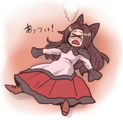Rule 34 | &gt; &lt;, 1girl, animal ears, brown hair, chibi, d:, dx, closed eyes, hot, imaizumi kagerou, long hair, long sleeves, lowres, lying, on back, open mouth, smile, solo, terrajin, touhou, wolf ears
