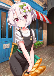 Rule 34 | 1girl, ame., antenna hair, baguette, basket, blush, bread, brick wall, closed mouth, collared shirt, commentary request, day, door, flower, food, hair between eyes, hair flower, hair ornament, head tilt, highres, holding, holding basket, kokkoro (princess connect!), outdoors, overalls, pointy ears, princess connect!, red eyes, shirt, short sleeves, silver hair, smile, solo, storefront, wall lamp, white flower, white shirt, window