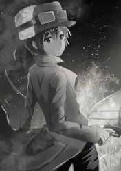 Rule 34 | 1girl, campfire, closed mouth, coat, commentary, dark, embers, expressionless, forest, from behind, from side, fur hat, goggles, goggles on headwear, gorogoronemuri, greyscale, gun, hair between eyes, handgun, hat, highres, holding, holding gun, holding weapon, kino (kino no tabi), kino no tabi, long sleeves, looking at viewer, looking back, monochrome, nature, night, outdoors, pants, pine tree, pistol, short hair, solo, standing, tree, trench coat, trigger discipline, ushanka, weapon
