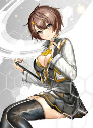 Rule 34 | 1girl, ascot, bad id, bad pixiv id, black skirt, black thighhighs, blush, border break, breasts, bridal gauntlets, brown eyes, brown hair, bure-chan, cleavage, clipboard, closed mouth, cropped jacket, feet out of frame, fuepo, hair between eyes, hair ornament, hairclip, highres, holding, holding clipboard, holding pen, invisible chair, jacket, long sleeves, looking at viewer, medium breasts, miniskirt, open clothes, open jacket, pen, pleated skirt, short hair, sitting, skirt, smile, solo, thighhighs, twitter username, white jacket, yellow ascot, zettai ryouiki