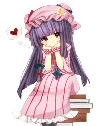 Rule 34 | 1girl, a-iueo, arm support, book, book stack, boots, crescent, cross-laced footwear, dress, hair ribbon, hat, heart, highres, lace-up boots, long hair, looking at viewer, patchouli knowledge, pink dress, purple eyes, purple hair, ribbon, simple background, sitting, sitting on object, solo, spoken heart, striped clothes, striped dress, touhou, tress ribbon, very long hair, white background
