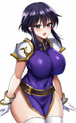 Rule 34 | 1girl, 4chan, armor, black hair, blush, breasts, covered navel, curvy, drawfag, edboy, fire emblem, fire emblem: genealogy of the holy war, gloves, highres, larcei (fire emblem), large breasts, looking at viewer, navel, nintendo, open mouth, short hair, skirt, smile, solo, thick thighs, thighhighs, thighs, white armor, white background