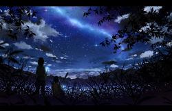 Rule 34 | 2girls, back, bokuden, cellphone, cloud, commentary request, glowing, grass, letterboxed, milky way, mountain, multiple girls, night, night sky, original, outdoors, pants, pants under skirt, phone, short hair, short twintails, sitting, skirt, sky, spread legs, standing, star (sky), starry sky, summer, tree, twintails