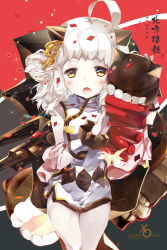 Rule 34 | 10s, 1girl, abyssal ship, ahoge, alternate costume, blush, brown eyes, china dress, chinese clothes, colored skin, confetti, dress, heco (mama), horns, kantai collection, looking at viewer, northern ocean princess, pale skin, sleeveless, sleeveless dress, solo, white hair, white skin