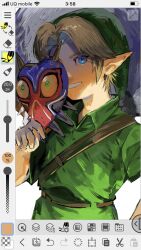 Rule 34 | 1boy, belt, blonde hair, blue eyes, brown belt, green hair, green shirt, grin, hand up, highres, holding, holding mask, link, male focus, mask, nintendo, parted bangs, pointy ears, shirt, short sleeves, smile, solo, suzumetarou, tagme, teeth, the legend of zelda, the legend of zelda: majora&#039;s mask, upper body, young link