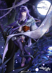 Rule 34 | 1girl, absurdres, asymmetrical sleeves, backlighting, blue eyes, full body, hair ornament, hairpin, hanging scroll, highres, holding, holding scroll, long hair, moon, night, purple footwear, purple hair, purple thighhighs, qin shi ming yue, scroll, second-party source, shao siming (qin shi ming yue), single hair ring, solo, streamers, thighhighs, veil, yu tong (weibo)