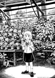 Rule 34 | 1girl, aremoyou, artist name, backpack, bag, collared shirt, commentary, crosshatching, dated, dress shirt, flower, flower pot, greenhouse, greyscale, hand up, hatching (texture), highres, holding strap, hose, hose reel, indoors, kneehighs, loafers, looking at viewer, monochrome, neck ribbon, open mouth, original, plant, potted plant, ribbon, rose, school uniform, shirt, shoes, short hair, short sleeves, skirt, smile, socks, solo, v, wide shot