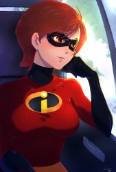 Rule 34 | 1girl, black gloves, blush, bodysuit, breasts, brown eyes, brown hair, commentary, dated, domino mask, elastigirl, elbow gloves, gloves, head rest, highres, large breasts, light smile, lips, looking away, mask, parted lips, short hair, signature, sitting, solo, superhero costume, the incredibles, vehicle interior, yoruhasu gekkei
