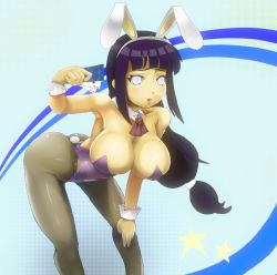 Rule 34 | 1girl, animal ears, armpits, bare shoulders, blush, breasts, rabbit ears, rabbit tail, playboy bunny, card, cleavage, detached collar, fake animal ears, female focus, hanging breasts, hyuuga hinata, large breasts, leaning forward, leotard, long hair, naruto, naruto (series), open mouth, pantyhose, ponytail, purple hair, sakuama, grey eyes, solo, standing, tail, wrist cuffs