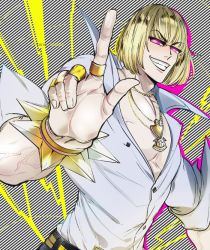 Rule 34 | 1boy, blonde hair, bob cut, fate/grand order, fate (series), grin, jewelry, male focus, necklace, patterned background, pectorals, popped collar, ring, sakata kintoki (fate), shirt, short hair, smile, solo, sunglasses, twitter username, veins, white shirt