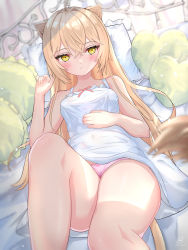 Rule 34 | 1girl, ahoge, animal ears, auroraescientia, bare arms, bare shoulders, blurry, blush, brown hair, closed mouth, covered navel, crossed bangs, depth of field, dress, frilled pillow, frills, hand on own stomach, hand up, heart, heart-shaped pillow, highres, indie virtual youtuber, knee up, lion ears, lion girl, lion tail, long hair, looking at viewer, lying, on back, on bed, panties, pillow, pink panties, rurudo lion, rurudo lion (1st costume), sidelocks, sleeveless, sleeveless dress, solo, sundress, tail, thighs, underwear, virtual youtuber, white dress, yellow eyes