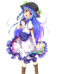 Rule 34 | 1girl, bekotarou, blue hair, bow, dress, female focus, food, fruit, hat, highres, hinanawi tenshi, long hair, looking back, open mouth, peach, red eyes, ribbon, short sleeves, smile, solo, touhou