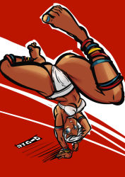 Rule 34 | 1girl, anklet, armlet, barefoot, big-d, bikini, blue eyes, blue nails, bracelet, breasts, capoeira, dark-skinned female, dark skin, elena (street fighter), handstand, jewelry, lots of jewelry, nail polish, neck ring, one arm handstand, short hair, solo, street fighter, swimsuit, toenail polish, toenails, underboob, upside-down, white hair