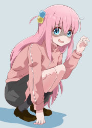 Rule 34 | 1girl, black socks, blue background, blue eyes, bocchi the rock!, brown footwear, cube hair ornament, full body, gotoh hitori, grey skirt, hair between eyes, hair ornament, hand up, highres, jacket, loafers, long hair, long sleeves, looking at viewer, mukaibi aoi, open mouth, pink hair, pink jacket, shadow, shoes, simple background, skirt, socks, solo, squatting