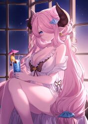 Rule 34 | 1girl, alternate costume, bare legs, bikini, blue eyes, breasts, butterfly earrings, cleavage, commentary, cup, double bun, draph, drinking straw, earrings, feb itk, feet out of frame, frilled bikini, frills, glass, gradient sky, granblue fantasy, hair bun, hair over one eye, highres, holding, holding cup, horns, indoors, jewelry, large breasts, long hair, looking at viewer, narmaya (granblue fantasy), narmaya (summer) (granblue fantasy), off shoulder, official alternate costume, pink hair, pointy ears, shell hair ornament, sidelocks, sky, smile, solo, swimsuit, very long hair, white bikini, window