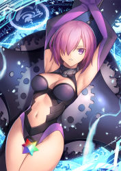 Rule 34 | 1girl, armpits, arms up, black leotard, breasts, cleavage cutout, clothing cutout, cowboy shot, elbow gloves, fate/grand order, fate (series), gloves, glowing, hair over one eye, highres, leotard, looking at viewer, lying, mash kyrielight, medium breasts, navel, navel cutout, on back, one eye covered, parted lips, purple eyes, purple gloves, purple hair, saint quartz (fate), shade, shield, short hair, sleeveless, solo, stellated octahedron, stomach, tsuki suigetsu