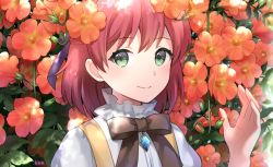 Rule 34 | 1girl, akito (yukiseakito), artist name, blush, bow, brown bow, character request, closed mouth, flower, green eyes, hair between eyes, hair bow, hand up, looking at viewer, purple bow, red flower, red hair, shirt, signature, smile, tales weaver, upper body, white shirt