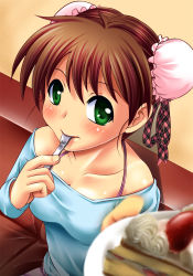 Rule 34 | 1girl, blouse, blue shirt, blush, bra strap, brown hair, bun cover, cake, couch, digdug006, double bun, eating, food, fruit, green eyes, hair bun, hair ornament, hands up, holding, indoors, kanamori reiko, looking at viewer, plate, shirt, sitting, solo, spoon, strawberry, utensil in mouth, wrestle angels, wrestle angels survivor