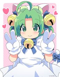 Rule 34 | 1girl, ahoge, animal ears, animal hat, apron, bell, blue bow, blue dress, blush, bow, cat ears, cat hat, cat tail, closed mouth, dejiko, di gi charat, double v, dress, fake animal ears, frilled apron, frills, gloves, green eyes, green hair, hair bell, hair ornament, hands up, hat, heart, highres, hiro hiroki, jingle bell, looking at viewer, multicolored hair, neck bell, parted bangs, puffy short sleeves, puffy sleeves, short sleeves, smile, solo, striped background, tail, tail bow, tail ornament, two-tone hair, v, white apron, white gloves