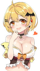 Rule 34 | 1girl, :d, ahoge, bare shoulders, bat hair ornament, black choker, blonde hair, blush, breasts, brown eyes, choker, cleavage, collarbone, commentary request, cropped torso, fang, hair between eyes, hair ornament, hairclip, hand up, heart, highres, hololive, large breasts, looking at viewer, navel, open mouth, short hair, simple background, smile, solo, unname, upper body, virtual youtuber, white background, yozora mel, yozora mel (1st costume)