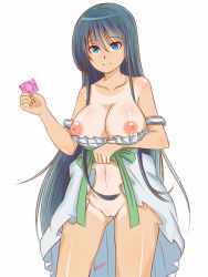 Rule 34 | 1girl, aigae yuzuha, areola slip, blue eyes, blue hair, breasts, clothes lift, clothes pull, condom, cowboy shot, dress, dress lift, dress pull, gluteal fold, hair between eyes, highres, holding, holding condom, large breasts, long hair, looking at viewer, navel, nipples, no panties, one-piece tan, pussy, red pv, smile, tan, tanline, tenshi no 3p!, undressing, very long hair, white background, white dress