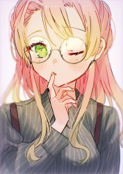 Rule 34 | 1girl, alternate costume, ban (one ban7241), bespectacled, blurry, breasts, butterfly hair ornament, collared shirt, commentary, depth of field, finger to mouth, fingernails, glasses, gradient hair, green eyes, green hair, grey shirt, hair ornament, highres, kanroji mitsuri, kimetsu no yaiba, large breasts, long hair, long sleeves, multicolored hair, nail polish, one eye closed, parted lips, pink hair, pinstripe pattern, pinstripe shirt, portrait, round eyewear, shirt, simple background, solo, striped, suspenders, two-tone hair, upper body, white background, yellow nails