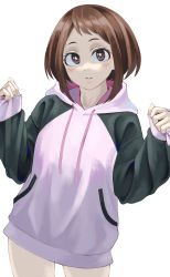 Rule 34 | 1girl, absurdres, alternate costume, blue sweater, boku no hero academia, bottomless, brown eyes, brown hair, fengling (furin-jp), hands up, highres, hood, hoodie, looking at viewer, multicolored clothes, parted lips, pink sweater, short hair, simple background, solo, standing, sweater, uraraka ochako, white background