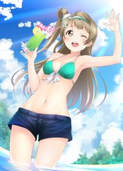 Rule 34 | 1girl, ;d, armpits, bad id, bad pixiv id, bikini, blue shorts, blue sky, breasts, brown hair, cleavage, cloud, collarbone, cup, day, drinking glass, drinking straw, floating hair, from below, green bikini, hairband, highres, holding, holding cup, kuusuke (yo suke39), long hair, love live!, love live! school idol project, minami kotori, navel, one eye closed, open mouth, outdoors, short shorts, shorts, side ponytail, sky, small breasts, smile, solo, standing, stomach, sunlight, swimsuit, very long hair, wading, yellow eyes